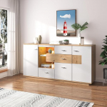 LED-valgustusega k&uuml;lgkapp k&ouml;&ouml;ki, elutuppa ja s&ouml;&ouml;gituppa, buffetkapp, seisev kapp, k&ouml;&ouml;gikapp 2 ukse ja 4 sahtliga, 160 x 40 x 77 cm, valge