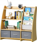 Children's Bookcase with 3 Storage Boxes, Wooden Children's Shelf Montessori with 4 Shelves and 2 Open Compartments, Children's Room Shelf, Toy Chest, 91 x 38 x 92 cm (Natural B)