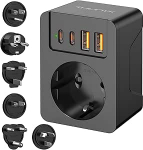 Maailma reisiadapter 6 eemaldatava adapteri komplekt, rahvusvaheline reisipistik USB C (PD 20W), pistikupesa adapter 4 USB-ga, t&uuml;&uuml;p A/E/F/G/B/I/M USA/Jaapan/L&otilde;una-Aafrika/AUS/EL/Euroopa/&Uuml;hendkuningriigi jaoks