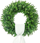 Kunstlik pukspuu p&auml;rg 45-50 cm, UV-kindlad lehed valgete lillepungadega, roheline kevadine uksep&auml;rg koos satiinpaelaga esiuksele, talumajapidamisele, seinale, siseruumidesse, &otilde;ue, aastaringselt.