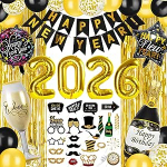 Aastavahetuse dekoratsioon 2026 komplekt, Happy New Year Garland, uusaasta dekoratsioon 2026 komplekt, mustad kuldsed konfettiballoonid, glitterkardinad, uusaasta &otilde;htu dekoratsioonikomplekt, uusaasta &otilde;htu peo dekoratsioon, uusaasta &otilde;htu dekoratsioon
