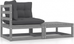 Homgoday 2 Piece Garden Sofa Set with Grey Solid Pine Cushions Set Sofa Bed Living Room Sofa Modern Sofa Set Corner Sofas + Footrest Grey