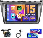 Hikity 4 + 64 GB autoraadio Android 15 Mazda 6 2007-2012 jaoks 9-tollise puuteekraaniga, raadio traadita Carplay Android auto FM/RDS raadio BT GPS WiFi SWC 32EQ tagurduskaamera + mikrofoniga