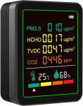 6-in-1 &otilde;hukvaliteedi monitor, PM2.5, Formaldehyd & TVOC, Temperatuur- ja &otilde;hut&otilde;hususe m&otilde;&otilde;tja koos 7,1 cm suure LED-ekraaniga, Stumm-Alarm, 1200 mAh aku (must)