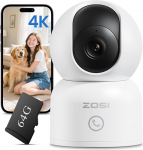 ZOSI 4K Indoor WiFi Surveillance Camera with 64GB Card, 2.4/5GHz WiFi, 360&deg; Swivel, AI Person/Pet Detection & Tracking, 2-Way Audio, One-Touch Call, C518
