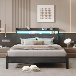 King Size voodiraam 1.5m polsterdatud puidust peatoega Kaks riiulit Laadimisjaam LED tuled 150x200cm Raske metallist voodiraam Ei vaja Box Spring m&uuml;ratut