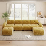 U-f&ouml;rmiges Modulsofa, rahmenloses Sofa, 4-Sitzer-Kombineeritud diivan, inklusive 2 Hockern, geeignet f&uuml;r das Wohnzimmer, bequemer Stoff, rutschfestes Design, Gelb, Keine Montage erforderlich