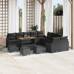 Modulares Terrassen-Set Schwarz, Gartensofa-Set 13-teilig mit Kissen und Stauraum als Outdoor-Sofa-Gruppe, Poly Rattan Gartenm&ouml;bel-Set mit 4 Armsofa, 6 Zweisitzern, 2 Hockern, 1