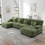 Modulares Ecksofa, U-f&ouml;rmiges Couch Set f&uuml;r Wohnzimmer, 4-Sitzer Komfortable Cloud Couches mit beweglichem Ottoman, DIY-Kombinatsioon, Gr&uuml;nes Chenille