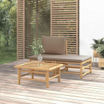 Gartentisch aus Bambus - Outdoor Lounge Set als Bambus Gartenm&ouml;bel Set mit Tisch und hellgrauen Kissen