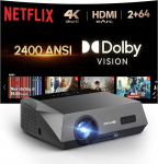4K projektor 2400 ANSI luumenit, p&auml;evavalgusega &uuml;hilduv, Netflixi sertifitseeritud, nutiprojektor kodukino jaoks AI-PQ, ToF autofookus, 64 GB, HDMI eARC, Dolby Sound, WLAN ja Bluetooth, kodukino ja m&auml;ngimine.