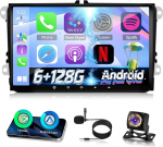 NHOPEEW 6+128GB Android Autoradio VW Passat B6 B7 Golf 5 6 Jetta T5 EOS Polo Touran Seat Sharan Toetus Carplay Android Auto WiFi GPS roolile + tagantj&auml;rgi kaamera