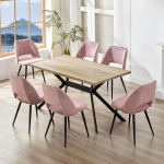 S&ouml;&ouml;gilaud ja toolid 6 roosa tooliga, ristk&uuml;likukujuline heledast puidust laud 140 x 80 x 76 cm, v&auml;lja l&otilde;igatud seljatoega toolid sobivad k&ouml;&ouml;ki, s&ouml;&ouml;gituppa ja elutuppa.