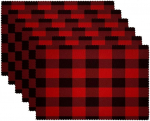Stoff-Tischsets, waschbare Tischsets f&uuml;r Esstisch, 6er-Set,Rot Schwarz Gitter Plaid Gitter Check Retro