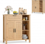 KOMFOTTEU Sideboard 2 rotangist uksega, Buffet Sideboard sahtlitega, lahtised sektsioonid, reguleeritavad riiulid, puidust kapp, k&uuml;lgkapp, k&ouml;&ouml;gikapp, seisev kapp, 75 x 30 x 80 cm.