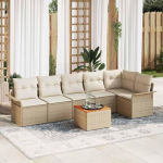 Modulares Gartensofa-Set 7 St&uuml;ck mit Ecksofa und Akazienholz Tisch als 7-teiliges Outdoor-Sofa-Set Poly-Rattan in Schwarz und Creme
