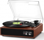 FYDEE vin&uuml;&uuml;lplaadim&auml;ngija sisseehitatud stereok&otilde;laritega, 3 kiirust 33/45/78 RPM, Bluetooth plaadim&auml;ngija, toetab RCA v&auml;ljundit, AUX sisend, kastanpruun