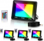 Jopassy RGB Spotlight 50 W valgusfoor koos kaugjuhtimispuldiga LED Spotlight v&auml;ljas IP66 veekindel m&auml;lufunktsiooniga v&auml;litingimustes, aias, tagahoovis, siseruumides, aias, pakendis 4 kaupa