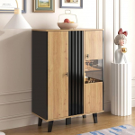 Sweiko Sideboard, sahtlite kapp LED-valguse ja klaasiga, puidust ja must elutoa kapp, buffetkapp musta puust triibu disainiga, hoiukapp s&ouml;&ouml;gituppa (must).