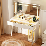 Pamapic riietuslaud LED-valgustusega ja pistikupesa kosmeetiline laud klaasist lauaplaadiga