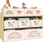 AIYAPLAY laste m&auml;nguasjade riiul, m&auml;nguasjade korraldaja 9 mittekootud kangast korviga lastetuppa, m&auml;ngutuppa, 93 x 30 x 70 cm, kollane