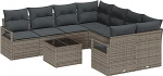 9-teiliges Garten Sofa Set mit Kissen Grau Poly Rattan, 2-Sitzer Garten Sofa mit Kissen Grau Poly Rattan Gartenlounge Model3346319