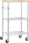 Amazon Basics 3-Level Serving Trolley with Removable Wooden Top and Height-Adjustable and 2 Chrome-Plated Shelves with a Total Load Capacity of 79.5 kg, 53 x 38 x 92 cm, Wood/Chrome
