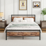 HOJINLINERO Bed Frame 140 x 200, Double Bed Frame Metal Bed 140 x 200 cm with Metal Slatted Frame and Wooden Headboard, Easy Assembly Guest Bed, Youth Bed, for Bedroom, Guest Room, Bed Frame, Black