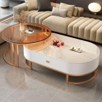 Moodne ovaalne kivist kohvilaudade komplekt - 2-osaline elutoa laud terasraamiga stiilse disainiga (suurus: 80 x 45 cm & 120 x 60 x 38 cm, v&auml;rv: must)