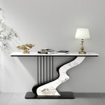 Moderne Halbmond-Design Konsole schmal, Platte aus Stein, Luxus-Sofa-Akzenttisch f&uuml;r den Eingangsbereich mit Drahtdesign-Metallgestell, Plattform f&uuml;r Hausflur.(Black B,120cm/47.2in).