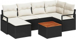 7-teiliges Garten-Sofa-Set mit Kissen Schwarz Poly-Rattan Akazie, 2-Sitzer Garten-Sofa mit Stauraum & Kissen Schwarz Poly-Rattan Gartenlounge Model3356395