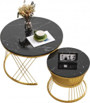 Moodne komplekt kohvilaud, kergesti puhastatav metallist raam, kohvilaudade komplekt, diivanipoolne laud marmorvineerist, &uuml;mmargune kohvilaud, sobib elutuppa, magamistuppa (v&auml;rv: must PU + MDF)