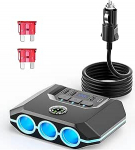 Upgrade 7 in 1 sigaretis&uuml;&uuml;taja jaotur, 120 W autolaadija adapter, kolmekordne 12 V / 24 V laadimiskaabli jaotur 4 USB-pordi LED-voldim&otilde;&otilde;tja eraldi l&uuml;litiga iPhone 16 / Dashcam / GPS jaoks
