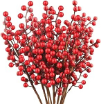 Pakend 10 punastest j&otilde;ulumarjadest, kunstlikud punased marjad, Burgundiapunased marjad, Holly Berry oksad j&otilde;ulupuu kaunistamiseks, DIY k&auml;sit&ouml;&ouml;, j&otilde;uluaeg, talvine kaunistus (35 cm)