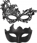Flongo Schwarze Maskerade Masken f&uuml;r Damen und Herren - 2 St&uuml;ck Elegante Spitzenmaske und venezianische Maske f&uuml;r Maskerade Ball Halloween Karneval Kost&uuml;m Party Abschlussball Paar Verkleidung Nacht