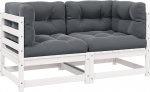 Massivholz Garten-Ecksofa aus Kiefer mit wei&szlig;en Kissen modular kombinierbare Eckgarnitur f&uuml;r den Garten Outdoor-Ecksofa
