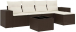 6-TLG. Gartensofa Set Braun Poly Rattan 110 kg belastbar, cremefarbene waschbare Kissen, modulare Lounge Eckbank Hocker Couchtisch, Terrasse Balkon