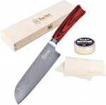 Bacher Santoku Damascus Knife 18 cm - Damask Kitchen Knife Forged from 67 Layers Made of 10 V - Professional Sharp Chef's Knife Made of Real Japanese Damascus Steel with Pakka Wooden Handle - Damascus