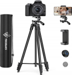 Camera Tripod, Mobile Phone Tripod with Bluetooth (44 cm - 135 cm) with 1/4 Inch Standard Screws, 3-Way Swivel Head, Mobile Phone Holder and Carry Bag, Lightweight Tripod for Camera and Smartphones