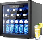 EUHOMY Drinks Fridge, Mini Fridge with Glass Door, Beer Cooler, Table Drinks Fridge for 55 Cans, Black Freestanding Fridge with LED, 43 dB, for Office, Room, Bar, 36 L, Low Noise