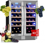 Klarstein Vinovilla Wine Fridge, 2-Zone Drinks Refrigerator, Slim, Quiet Fridge with Glass Door, Bottle Refrigerator, Small, Wine Cabinet for Drinks, Wine Cooler 5-20&deg;C, 126 L, 42 Bottles
