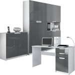 Vladon Logan Office Furniture, Study Room, Complete Set, Made in Germany, Body in Matte White / Fronts in Grey High Gloss