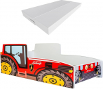 KOBI Lastevoodi kukkumiskaitsega Farm | Punane traktor | 160 x 80 cm | Noorte voodi koos madratsiga | Lastevoodid poisid t&uuml;drukud | &Uuml;hekohaline voodi Lastevoodi autovoodi