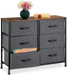 Relaxdays Chest of Drawers, H x W x D: 63 x 80 x 30 cm, Metal, Wood Look, 6 Fabric Drawers, Shelf, Modern Side Chest of Drawer