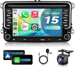 4G + 64G autoraadio Android 15 VW Golf 5 6 Passat Jetta Caddy EOS T5 Tiguan Touran CC Polo, 7-tolline HD puuteekraan koos traadita Carplay Android auto GPS Wi-Fi USB Type C Bluetooth FM RDS kaamera