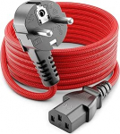 deleyCON 10 m IEC kaabel, nailonkaabel, toitejuhe, toitejuhe, k&uuml;lmad seadmed, toitejuhe, kaitsekontakt, 90 kraadine nurgapistik (t&uuml;&uuml;p F kuni C13), PC, arvuti, monitor, printer, projektor, punane
