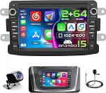 Hikity 2G + 64G Android 15 autoraadio Dacia Logan/Dokker/Duster/Sandero Lodgy; Renault Captur/Symbol/Duster; Lada Xray 2 koos Carplay Android autoga, 9-tolline puuteekraaniga navigatsioon WiFi BT RDS/FM+CAM+