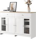 KecDuey Sideboard White Wood Grain Four Doors with Two Drawers Door with Glass Living Room Dining Room Wood Colour and White (White, 120 x 37 x 80cm)