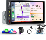Hodozzy 1 DIN autoraadio koos CarPlay Android autoga, 7-tolline IPS puuteekraaniga autoraadio Bluetooth 5.0/USB/USB-C/AM/FM/EQ/SWC + tagurduskaamera