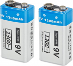 2 laetavat 9 V plokkpatareid 1300 mAh Li-Ion koos USB-kaabliga Universaalne suitsuandurite, CO-andurite, kitarri efektipedaalide, m&auml;nguasjade, raadiote, m&otilde;&otilde;teseadmete ja muu jaoks.